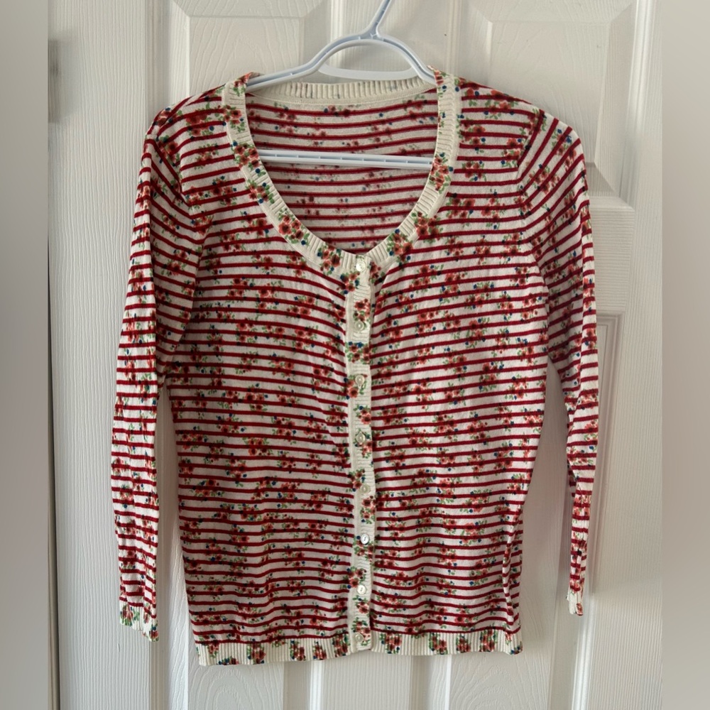 Floral Striped Women's Cardigan - Red and White